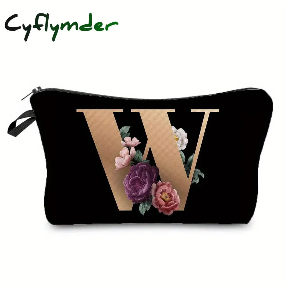 Cyflymder Flower & Letter Print Cosmetic Bag Zipper Portable Makeup Pouch Lightweight Coin Purse