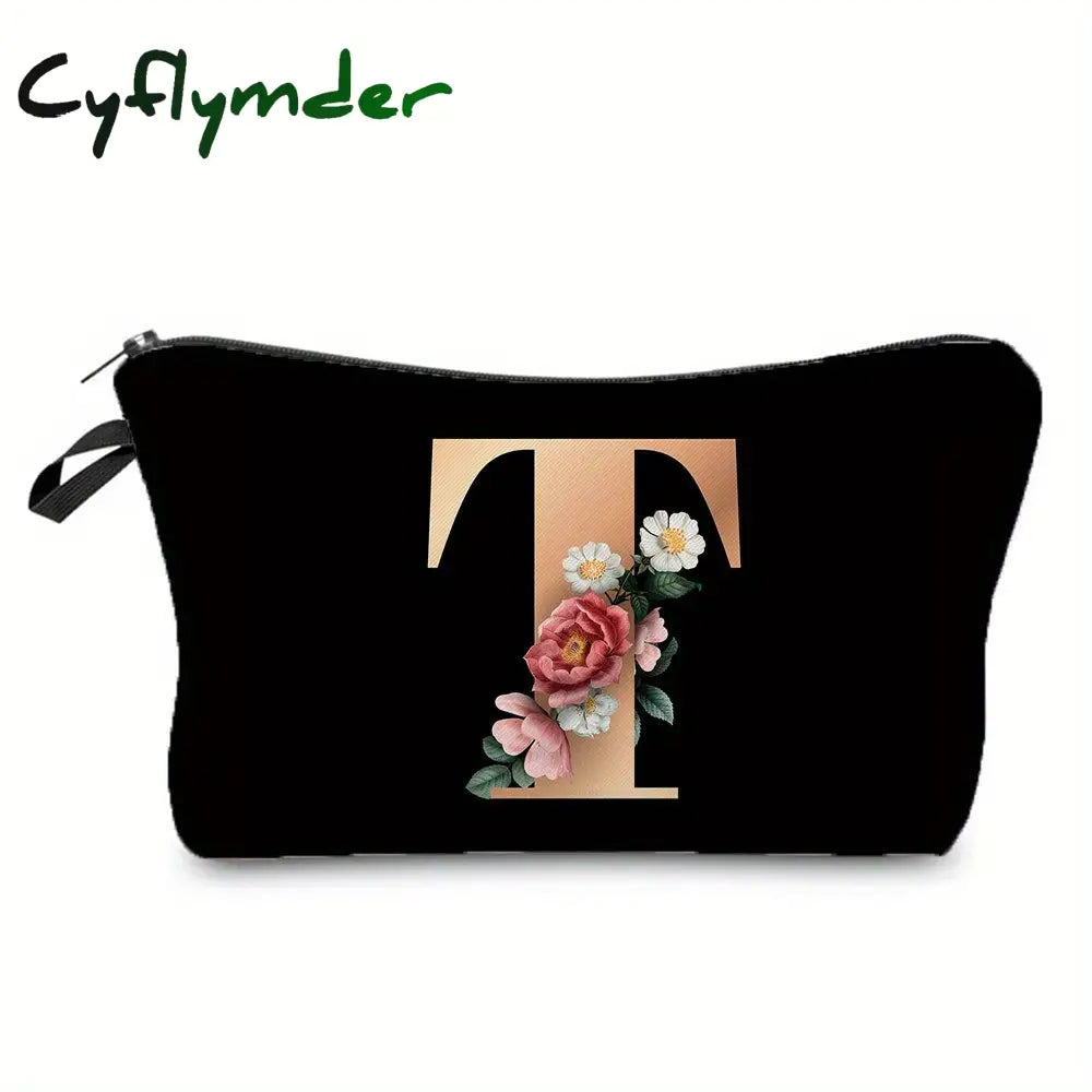 Cyflymder Flower & Letter Print Cosmetic Bag Zipper Portable Makeup Pouch Lightweight Coin Purse