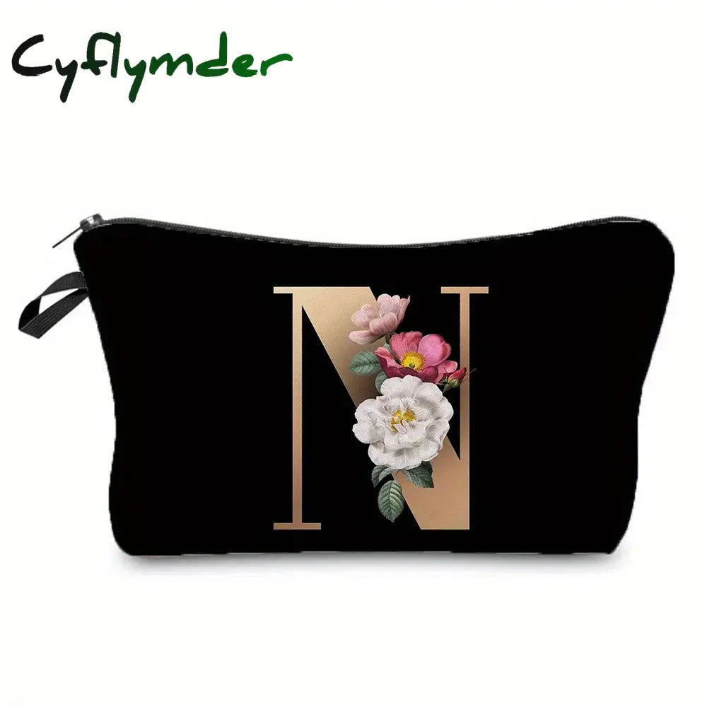 Cyflymder Flower & Letter Print Cosmetic Bag Zipper Portable Makeup Pouch Lightweight Coin Purse