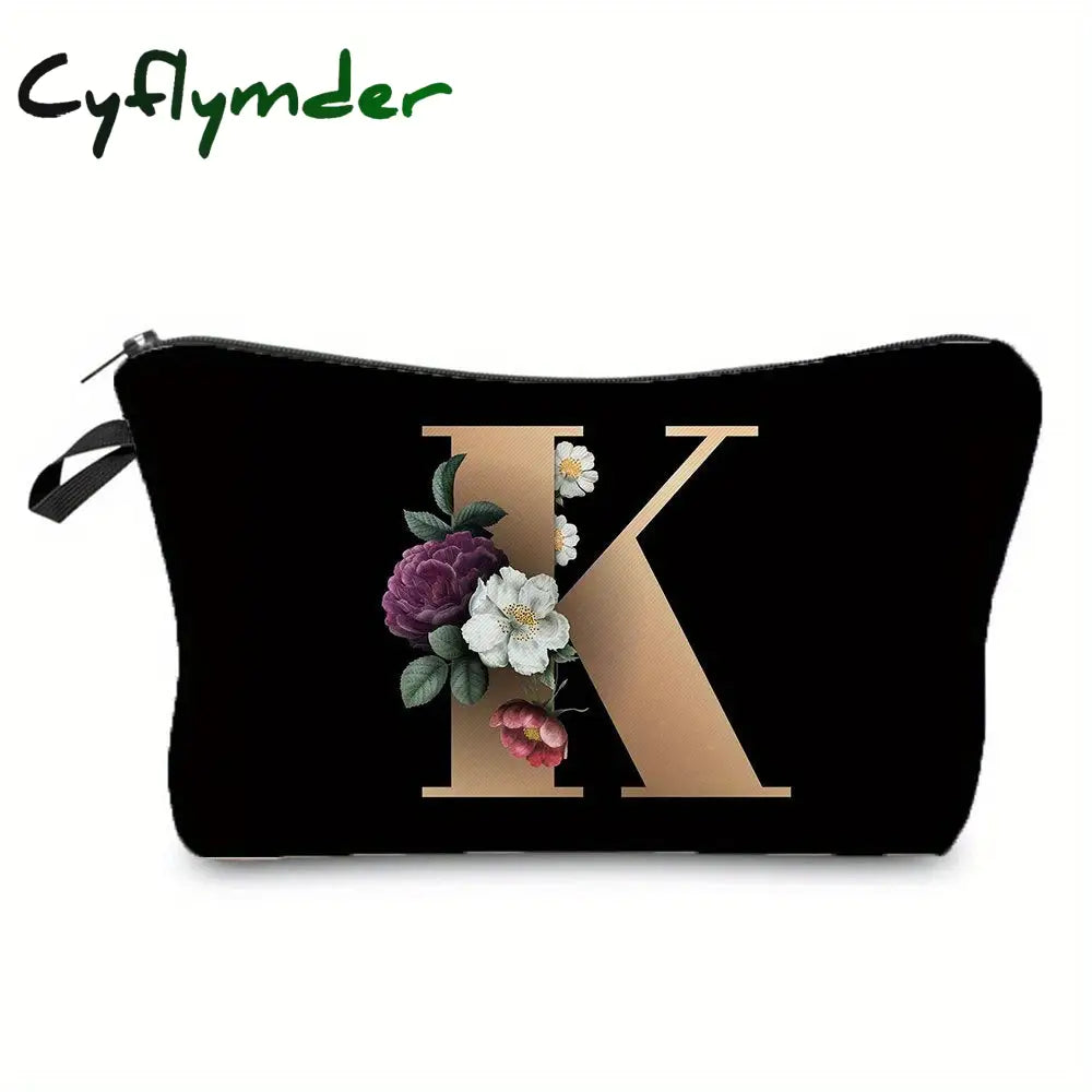 Cyflymder Flower & Letter Print Cosmetic Bag Zipper Portable Makeup Pouch Lightweight Coin Purse