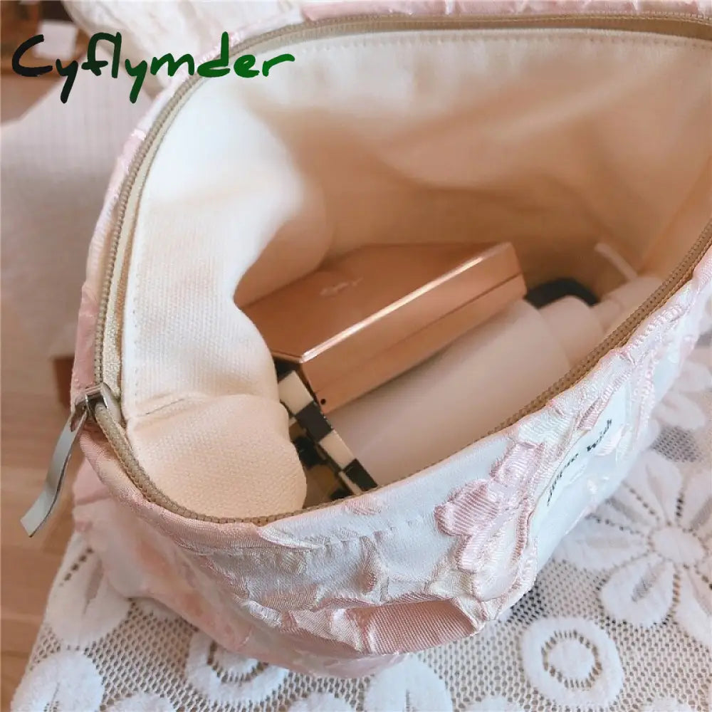 Cyflymder Flower Women’s Cosmetic Bag Cotton Make Up Brushes Cosmetics Organizer Handbag Travel