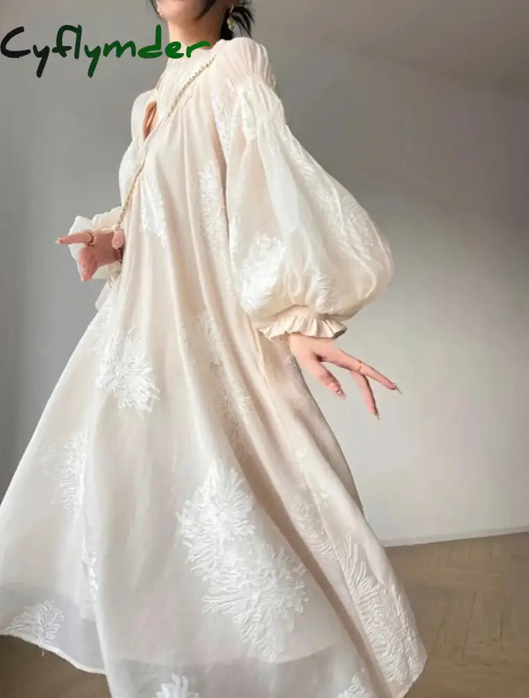Cyflymder France Elegant Lantern Sleeve Embroidery Midi Dress For Women Spring Autumn New V Neck