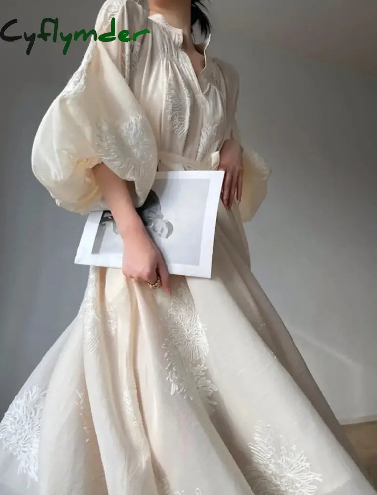 Cyflymder France Elegant Lantern Sleeve Embroidery Midi Dress For Women Spring Autumn New V Neck