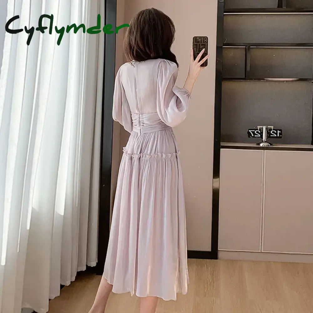 Cyflymder French Designer Fashion Women Organza Stand Collar Party Dress Luxury Spring Diamonds