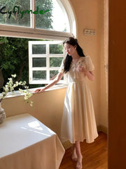 Cyflymder French Elegant Short Sleeve Dress Woman Casual Slim One Piece Korean Fashion Summer Party