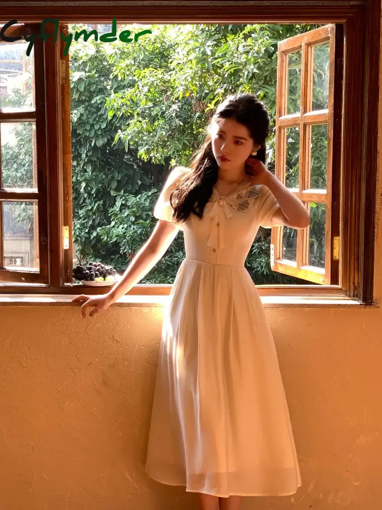 Cyflymder French Elegant Short Sleeve Dress Woman Casual Slim One Piece Korean Fashion Summer Party