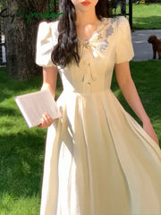  French Elegant Short Sleeve Dress Woman Casual Slim One Piece Dress Korean Fashion Summer Party Casual Vintage Midi Dress
