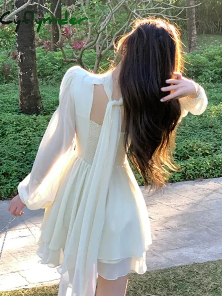 Cyflymder French Elegant Slim Ruffle Dress Summer Women Graduation Evening Party Robe Female Bubble