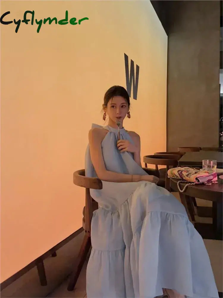 Cyflymder French Elegant Women’s Summer Fashion New Sleeveless Strapless Bowknot Blue Long Skirt