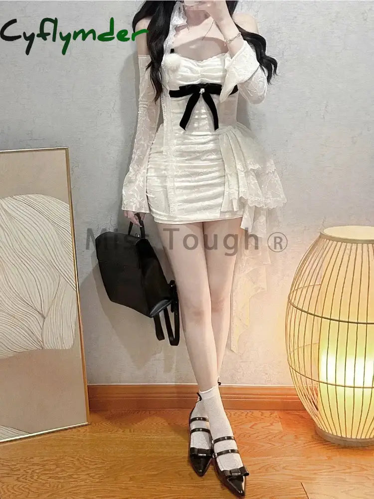 Cyflymder French Lace Sexy One Piece Dress Women Autumn Long Sleeve Evening Party Mini Dress Y2k Korean Fashion Design