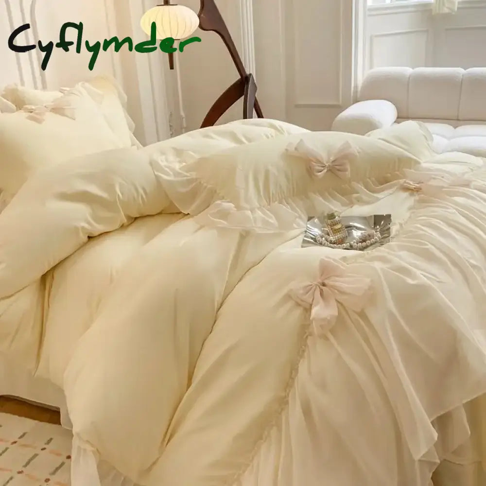 Cyflymder French Princess Style Bedding Sets Ruffle Lace Bow Quilt Cover Romantic Bedclothes Decor Woman Girls Bedroom