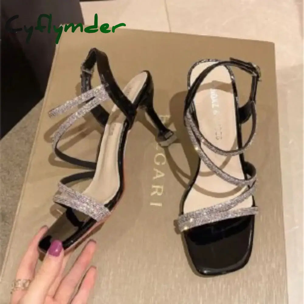Cyflymder French Rhinestone Sandals Fashion Fine Heel High Heel Sandals Women’s Summer New Fairy Style Thin High Heels