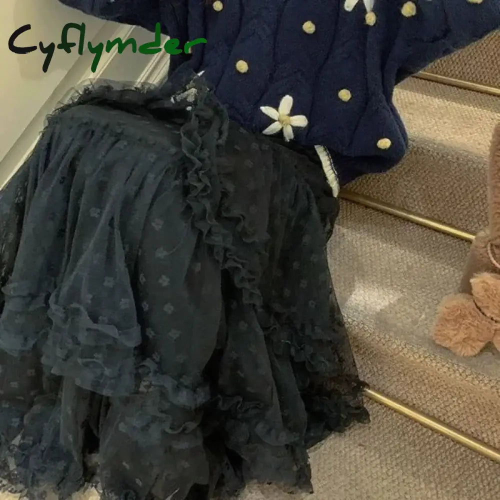 Cyflymder French White Sweet Lace Princess Skirt Women New Elegant High Waisted Slim Midi Skirts Korean Fashion