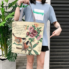 Cyflymder Fresh Butterfly Printed Tote Bag For Women Linen Faric Ladies Shoulder Outdoor Casual