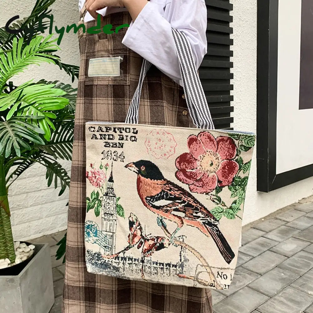 Cyflymder Fresh Butterfly Printed Tote Bag For Women Linen Faric Ladies Shoulder Outdoor Casual