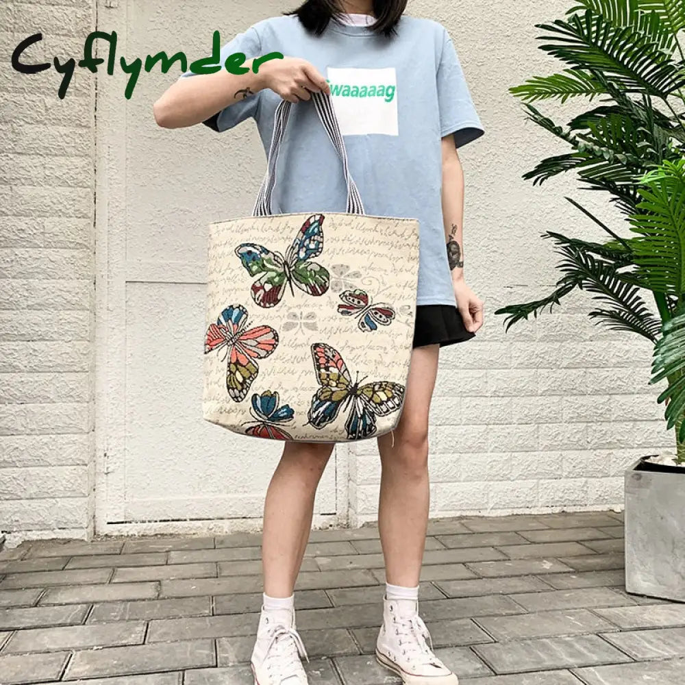 Cyflymder Fresh Butterfly Printed Tote Bag For Women Linen Faric Ladies Shoulder Outdoor Casual