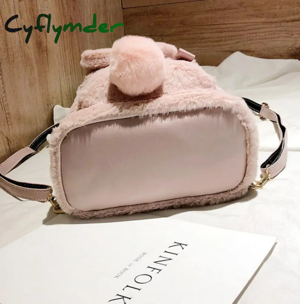 Cyflymder Furry Rabbit Ear Backpack Cute Girls Shoulder Bag Mini Fluffy Plush Schoolbag Winter