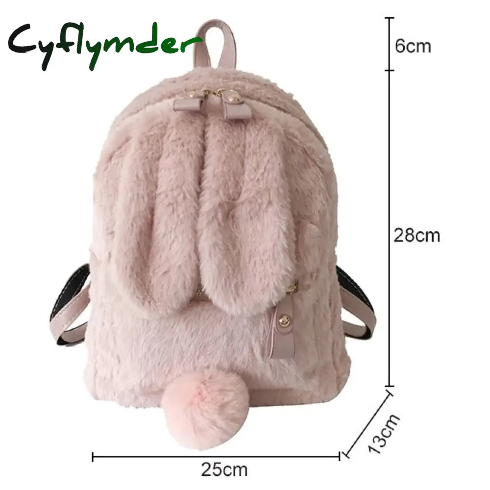 Cyflymder Furry Rabbit Ear Backpack Cute Girls Shoulder Bag Mini Fluffy Plush Schoolbag Winter