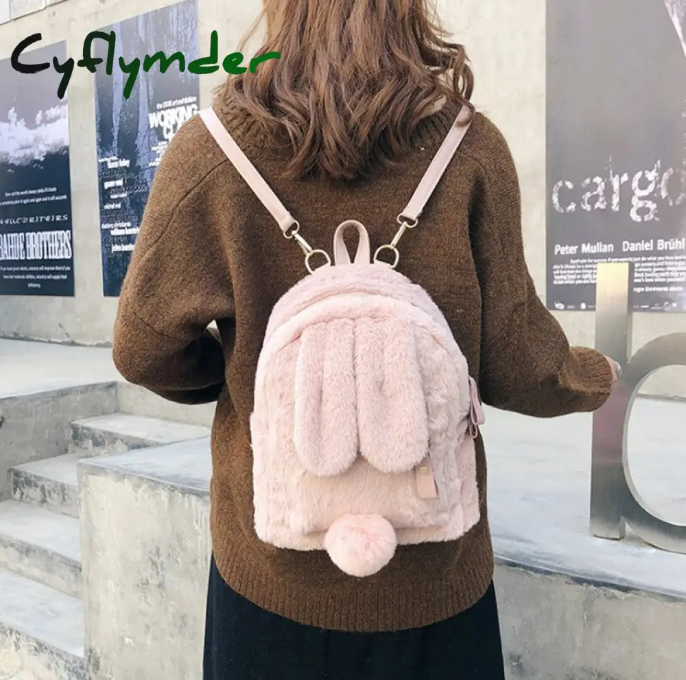 Cyflymder Furry Rabbit Ear Backpack Cute Girls Shoulder Bag Mini Fluffy Plush Schoolbag Winter