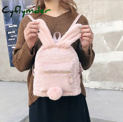 Cyflymder Furry Rabbit Ear Backpack Cute Girls Shoulder Bag Mini Fluffy Plush Schoolbag Winter