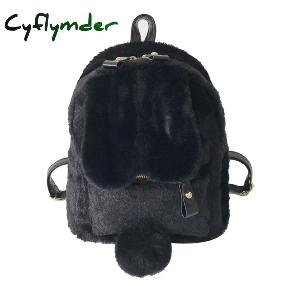 Cyflymder Furry Rabbit Ear Backpack Cute Girls Shoulder Bag Mini Fluffy Plush Schoolbag Winter