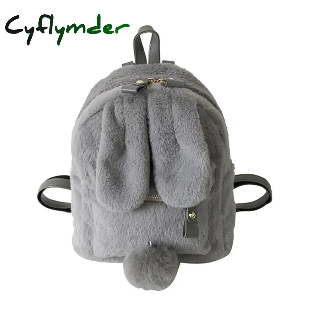 Cyflymder Furry Rabbit Ear Backpack Cute Girls Shoulder Bag Mini Fluffy Plush Schoolbag Winter