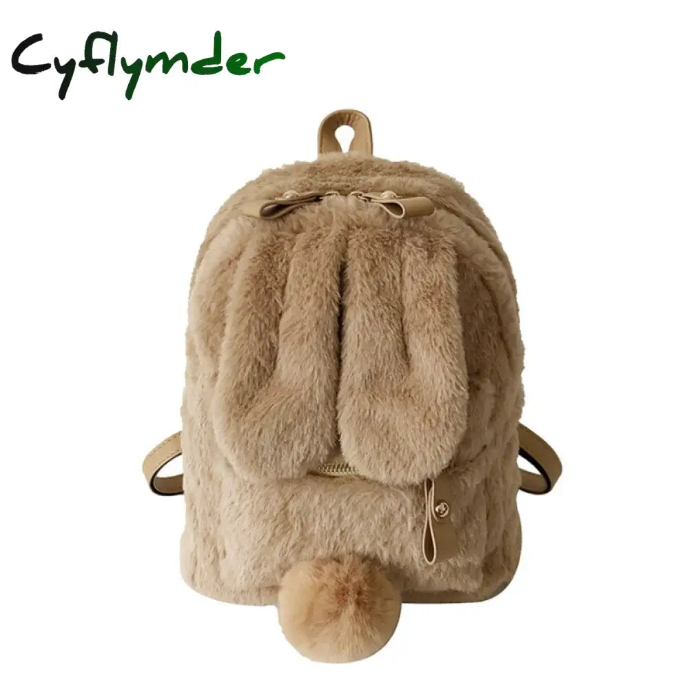 Cyflymder Furry Rabbit Ear Backpack Cute Girls Shoulder Bag Mini Fluffy Plush Schoolbag Winter