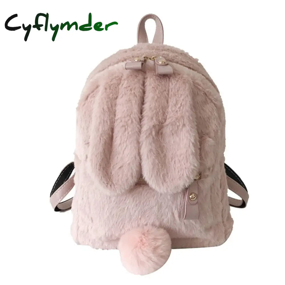 Cyflymder Furry Rabbit Ear Backpack Cute Girls Shoulder Bag Mini Fluffy Plush Schoolbag Winter