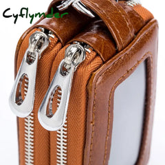 Cyflymder Genuine Cow Leather Home Car Keys’ Bag Double Pocket Zipper Mini Wallet Earth Yellow