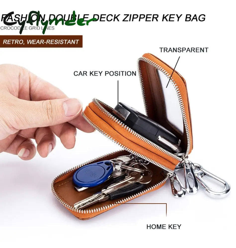 Cyflymder Genuine Cow Leather Home Car Keys’ Bag Double Pocket Zipper Mini Wallet Earth Yellow