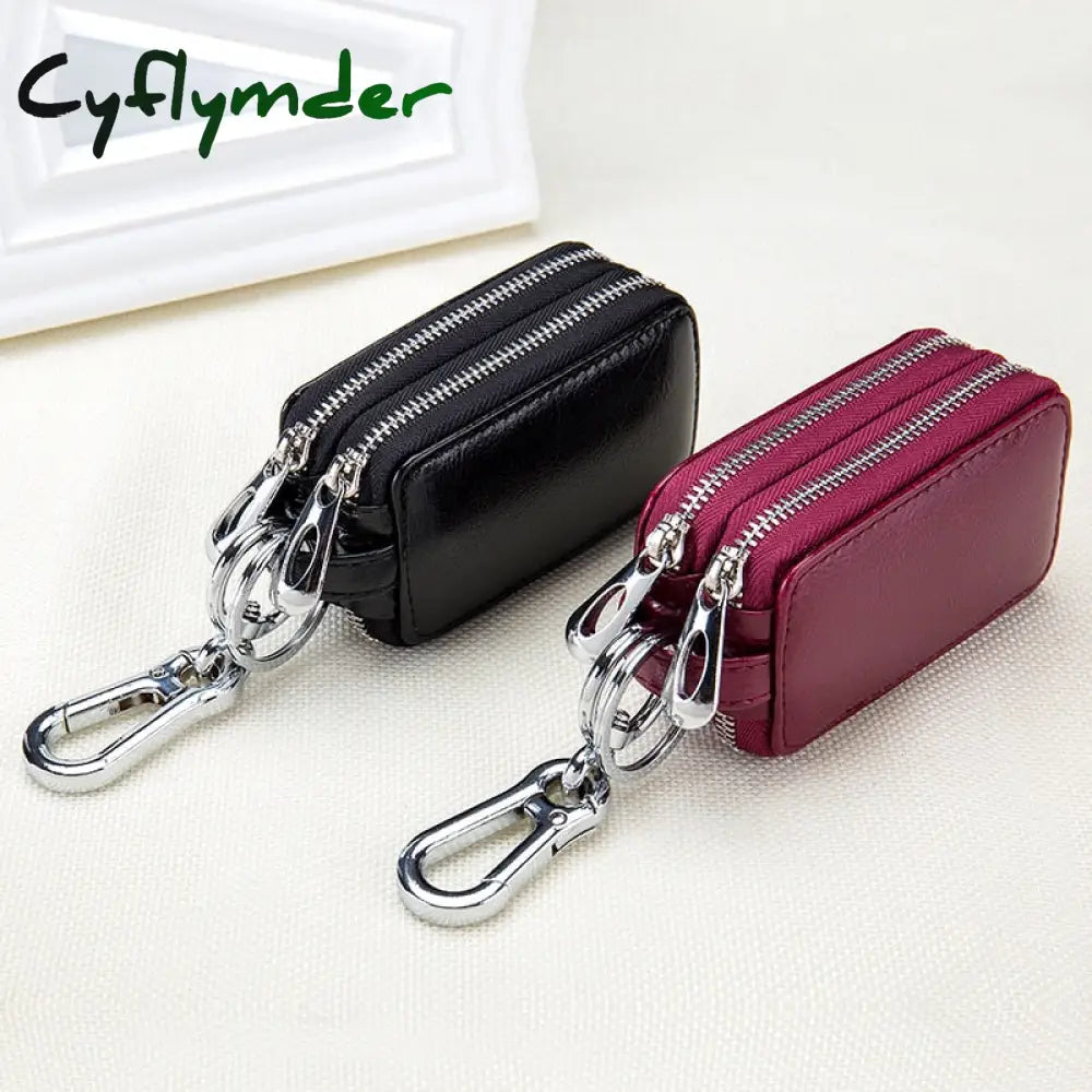 Cyflymder Genuine Cow Leather Home Car Keys’ Bag Double Pocket Zipper Mini Wallet Earth Yellow