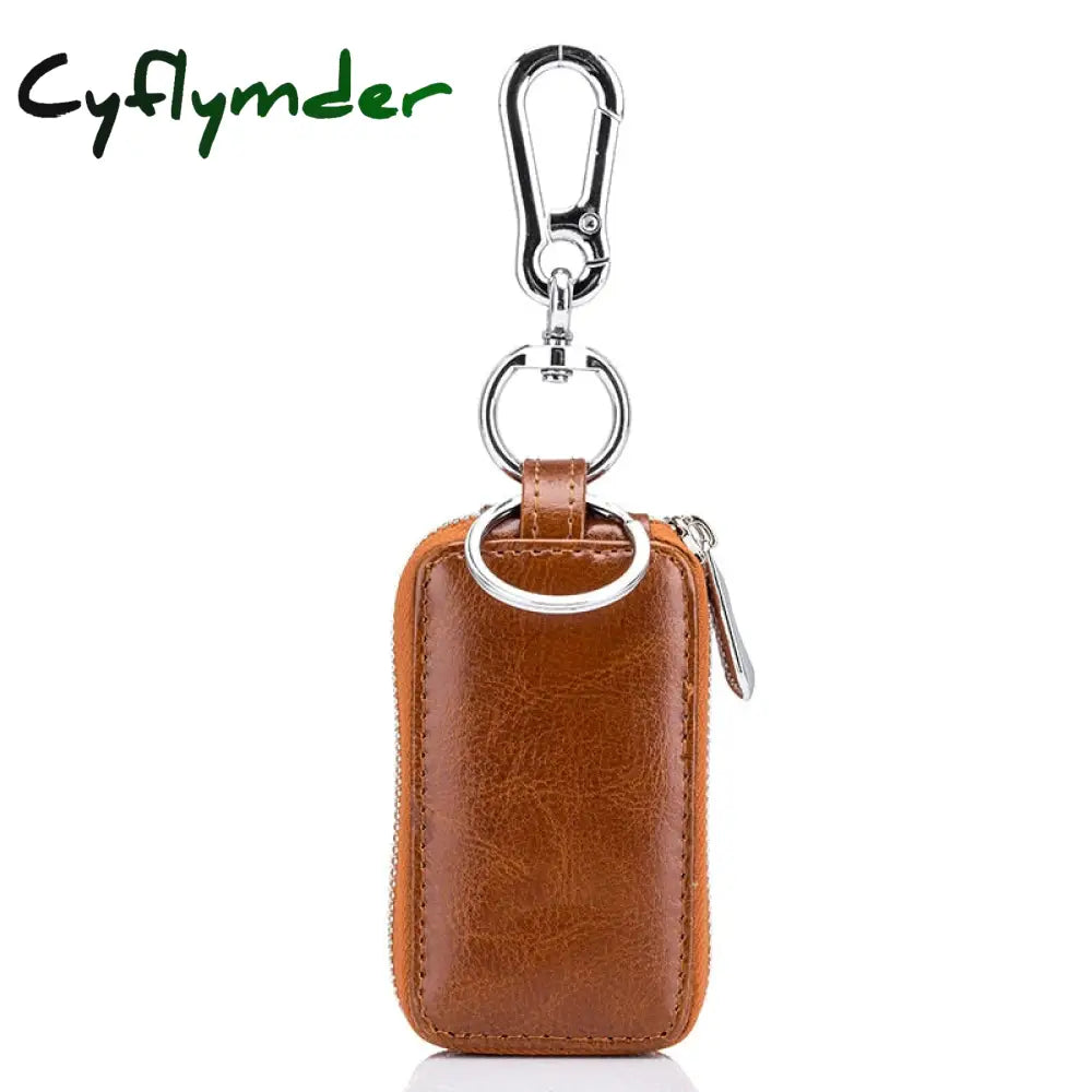 Cyflymder Genuine Cow Leather Home Car Keys’ Bag Double Pocket Zipper Mini Wallet Earth Yellow