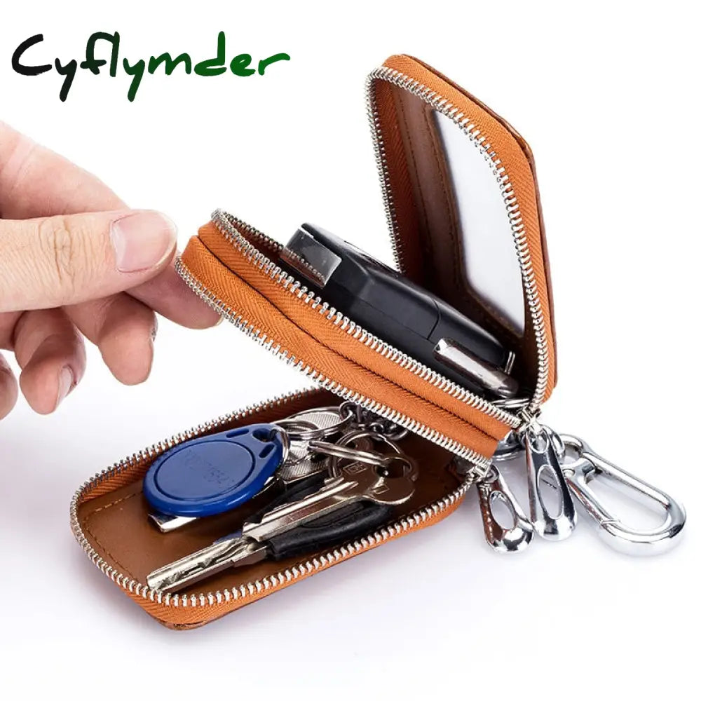 Cyflymder Genuine Cow Leather Home Car Keys’ Bag Double Pocket Zipper Mini Wallet Earth Yellow