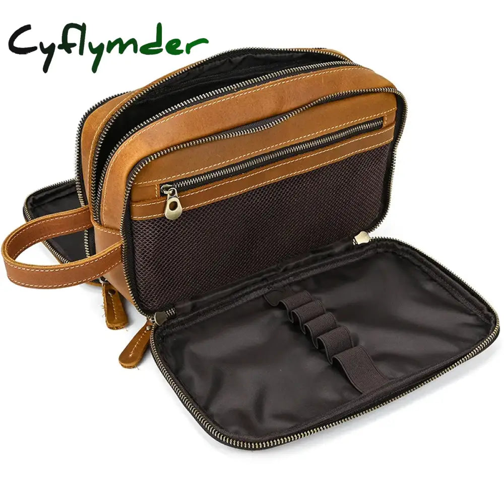Cyflymder Genuine Leather Cosmetic Bag Men Women Makeup Portable Wash Shower Case Waterproof Clutch