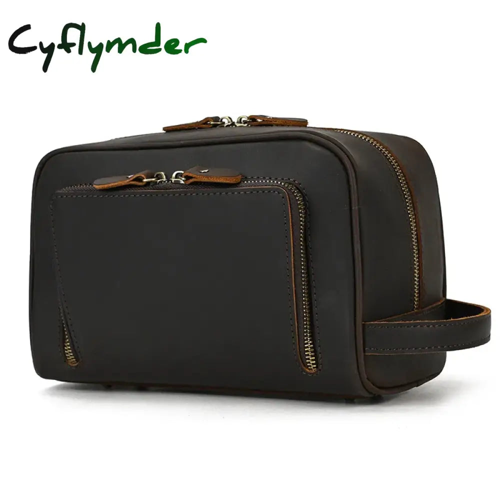Cyflymder Genuine Leather Cosmetic Bag Men Women Makeup Portable Wash Shower Case Waterproof Clutch