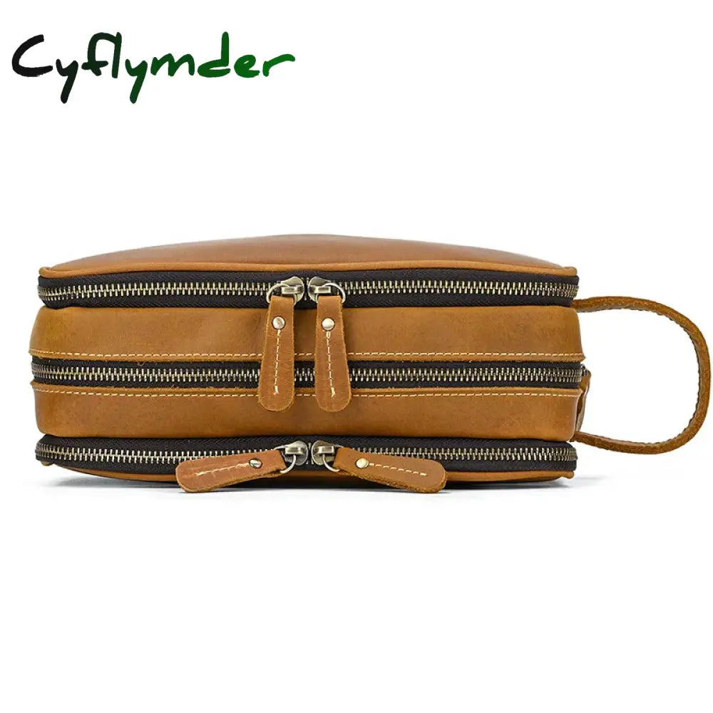 Cyflymder Genuine Leather Cosmetic Bag Men Women Makeup Portable Wash Shower Case Waterproof Clutch