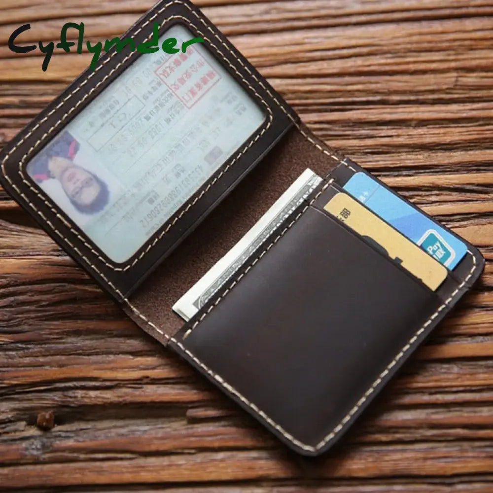 Cyflymder Genuine Leather Credit Card Holder For Men Vintage Short Handmade Bifold Slim Small Man