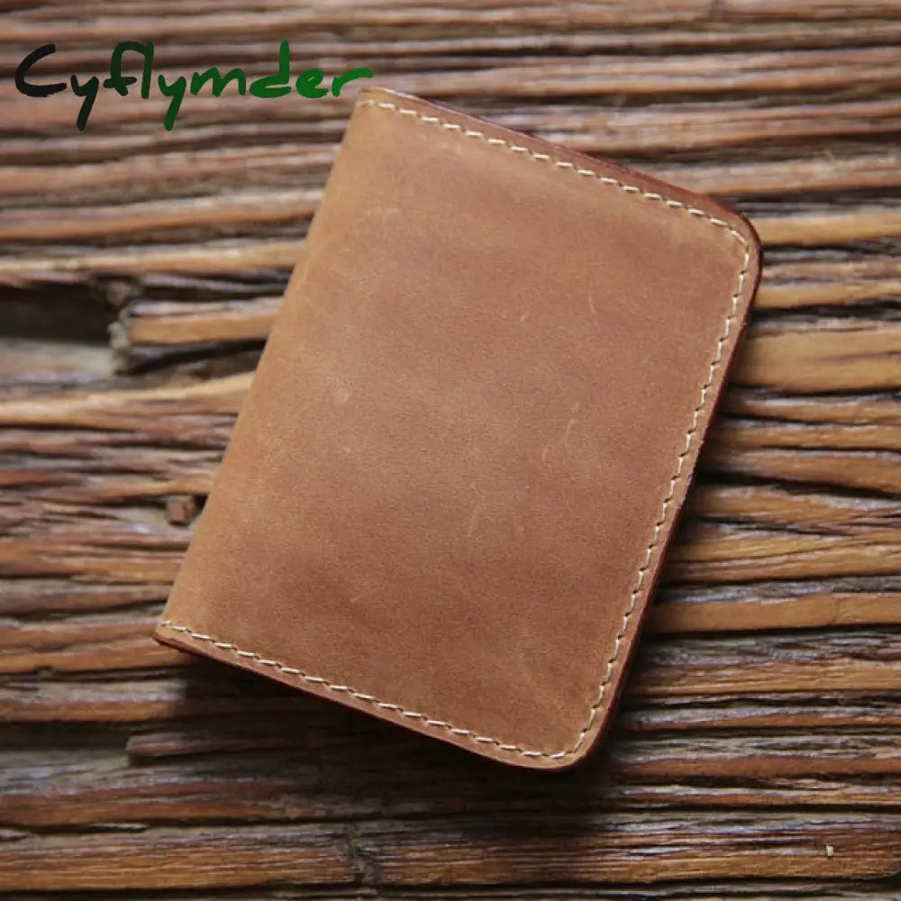 Cyflymder Genuine Leather Credit Card Holder For Men Vintage Short Handmade Bifold Slim Small Man