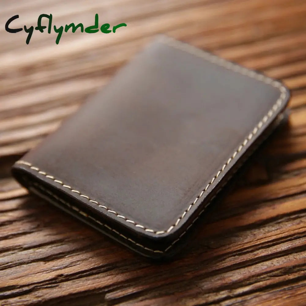 Cyflymder Genuine Leather Credit Card Holder For Men Vintage Short Handmade Bifold Slim Small Man