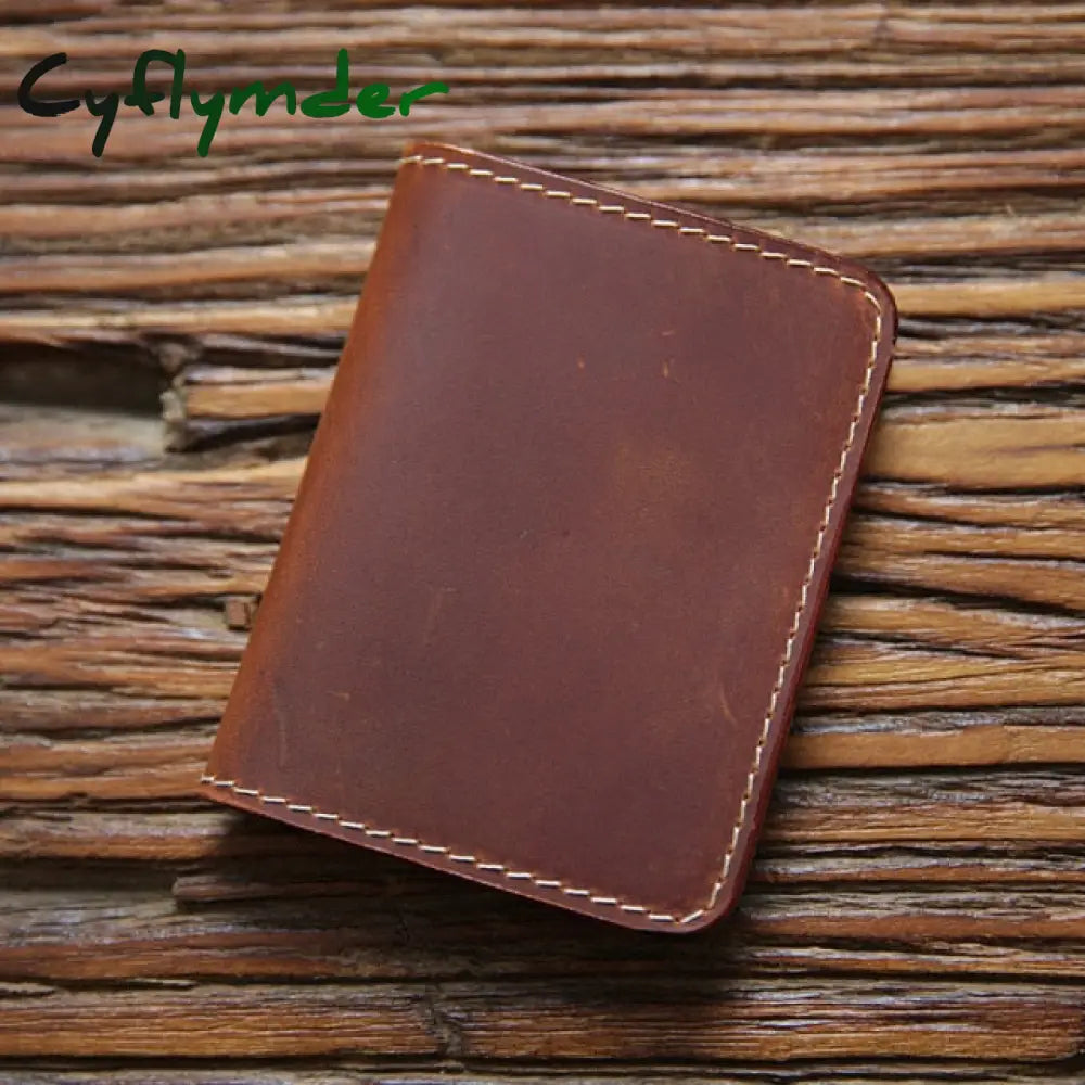 Cyflymder Genuine Leather Credit Card Holder For Men Vintage Short Handmade Bifold Slim Small Man