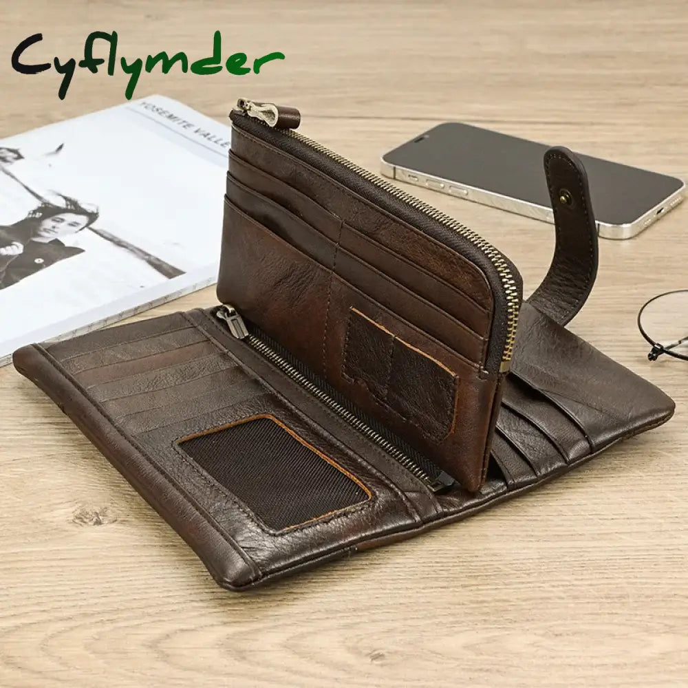 Cyflymder Genuine Leather Long Wallet Man Women Credit Card Holder Clutch Purse Hasp Moible Phone