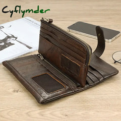 Cyflymder Genuine Leather Long Wallet Man Women Credit Card Holder Clutch Purse Hasp Moible Phone