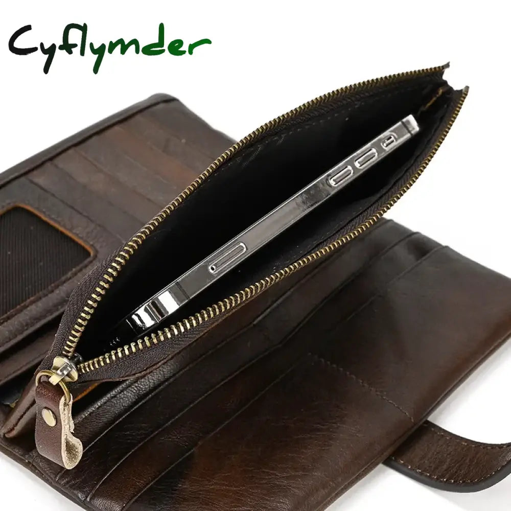 Cyflymder Genuine Leather Long Wallet Man Women Credit Card Holder Clutch Purse Hasp Moible Phone