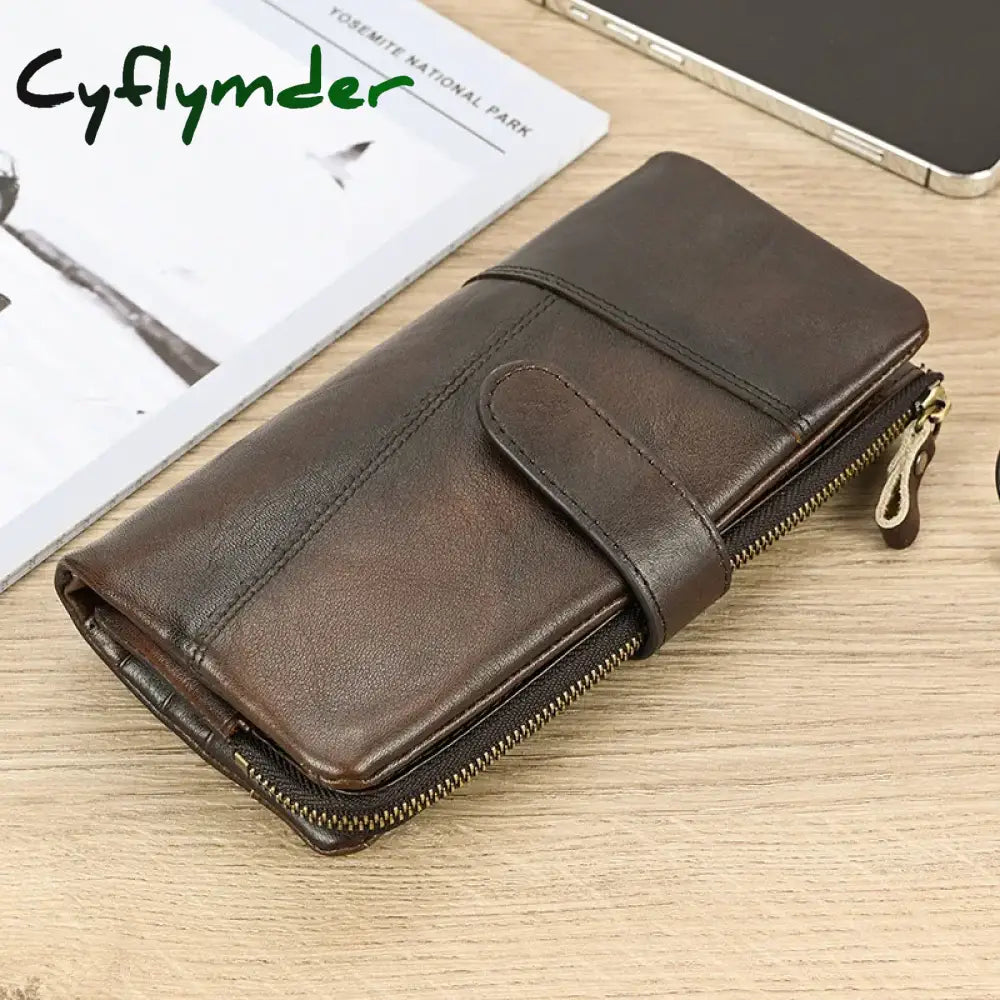 Genuine Leather Long Wallet Man Women Credit Card Holder Clutch Purse Hasp Moible Phone RFID Blocking Wallet