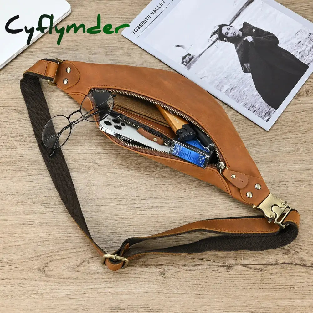 Cyflymder Genuine Leather Men Bag Waist Genuine Cow Leather Vintage Small Fanny Pack Male Chest