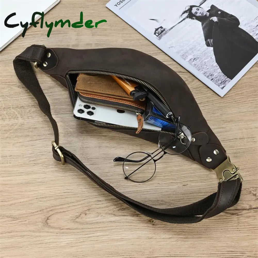 Cyflymder Genuine Leather Men Bag Waist Genuine Cow Leather Vintage Small Fanny Pack Male Chest