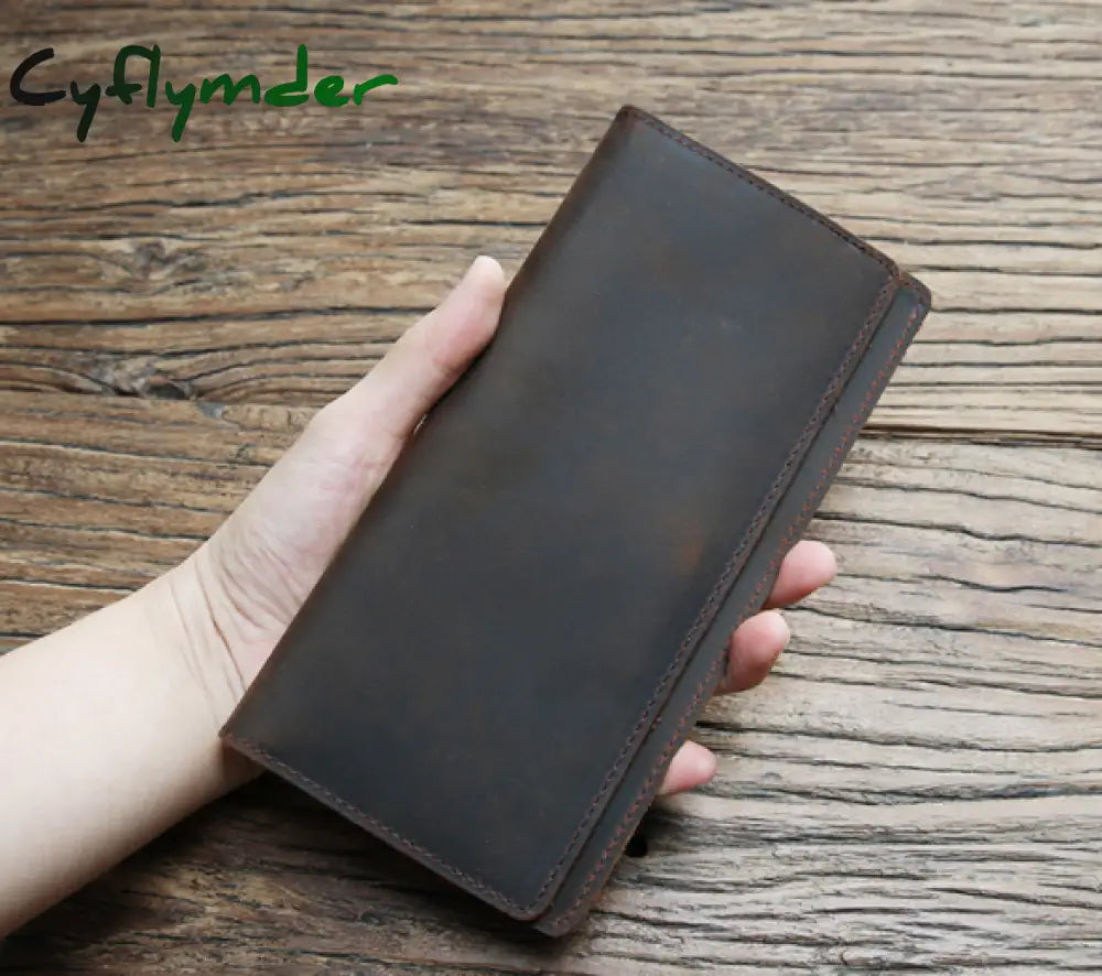 Cyflymder Genuine Leather Men Wallet Crazy Horse Cowhide Vintage Handmade Long Slim Thin Men’s