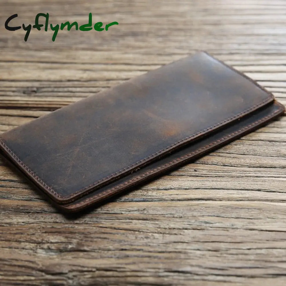 Cyflymder Genuine Leather Men Wallet Crazy Horse Cowhide Vintage Handmade Long Slim Thin Men’s