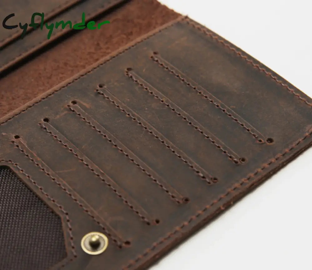 Cyflymder Genuine Leather Men Wallet Crazy Horse Cowhide Vintage Handmade Long Slim Thin Men’s