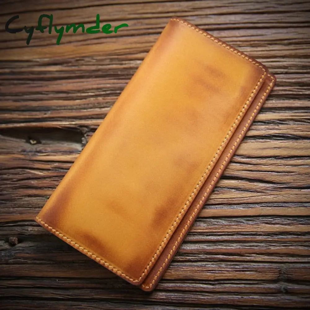 Cyflymder Genuine Leather Men Wallet Crazy Horse Cowhide Vintage Handmade Long Slim Thin Men’s